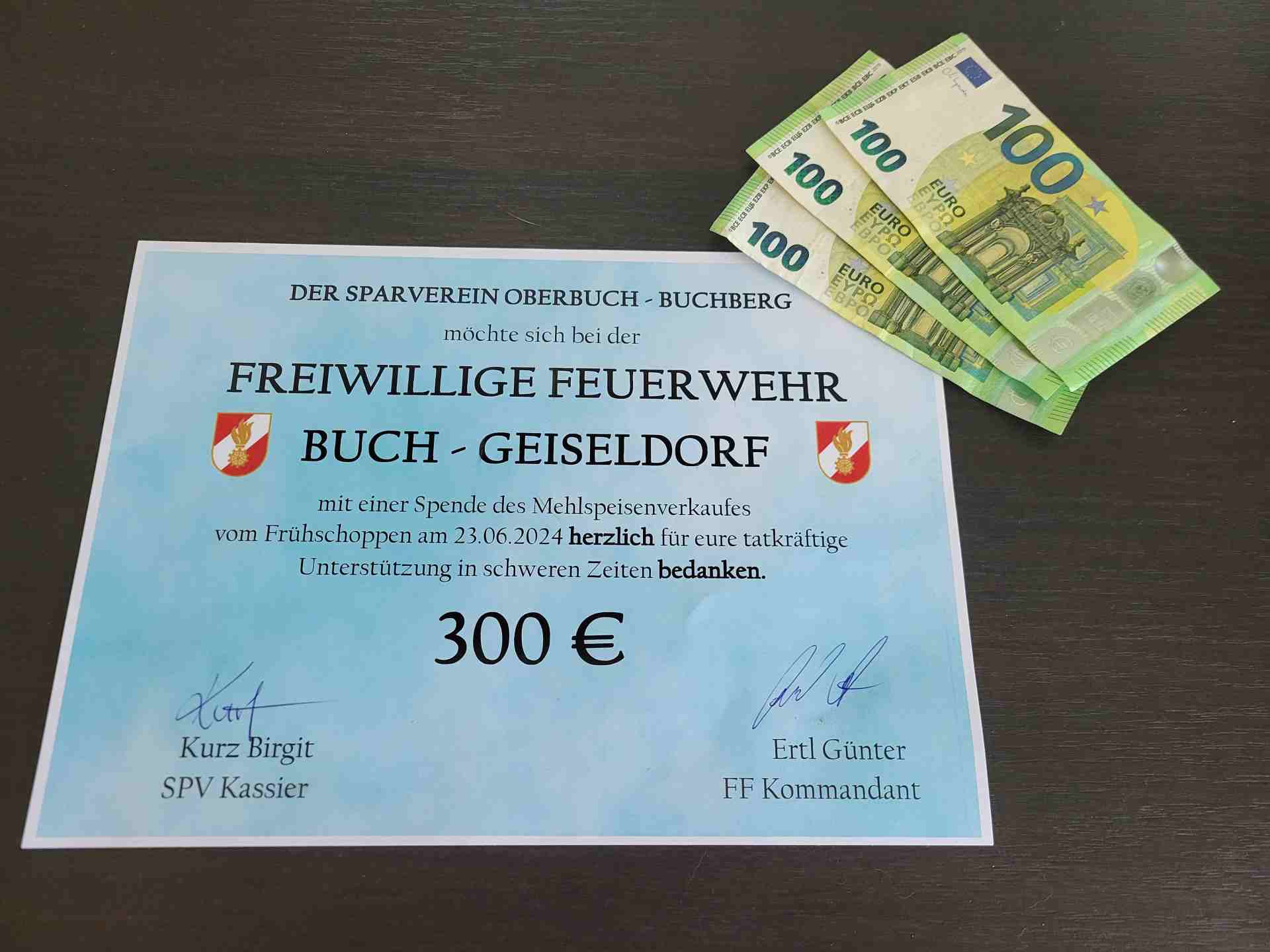 300 € Spende vom Sparverrein Oberbuch-Buchberg